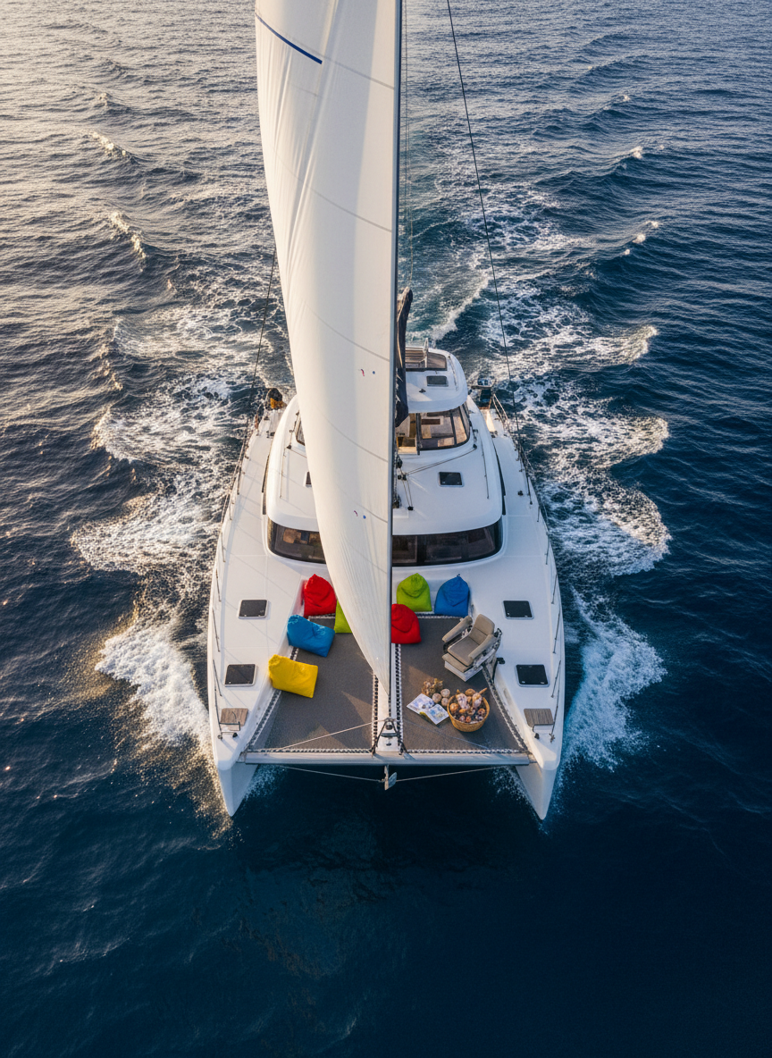 A bird’s-eye, photographic view of the Leopard 48 catamaran Ability under full white sails on a breezy day, emphasizing the feeling of shared adventure without showing any people. Colorful beanbags, sensory-friendly textured cushions, and a securely fastened adaptive seating area are arranged on the forward trampoline, with a basket of seashells and nature journals nearby. Sunlight sparkles off the deep blue ocean, creating glittering highlights around the hulls. The composition centers the boat in the frame, with waves radiating outward to show motion. The mood is energetic and playful, suggesting a family day of exploration and learning at sea. The overall style is crisp photographic realism with vivid blues and whites, capturing freedom and possibility.