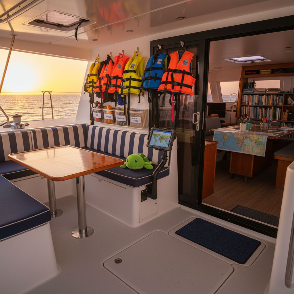 The cozy aft cockpit of the Leopard 48 catamaran Ability at golden hour, transformed into a playful family living space without any people present. Brightly colored life jackets hang neatly on hooks, adaptive sailing gear is stowed in labeled bins, and a small stuffed sea turtle sits on a cushioned bench beside a securely mounted communication tablet. Warm sunset light pours in from the open stern, casting long, soft shadows across the non-slip deck. The camera is positioned at eye level, looking forward into the salon where books, nautical charts, and art supplies are visible. The atmosphere is welcoming and inclusive, suggesting active learning and creativity on board. Photographic realism with warm, saturated tones and a relaxed, homely vibe.