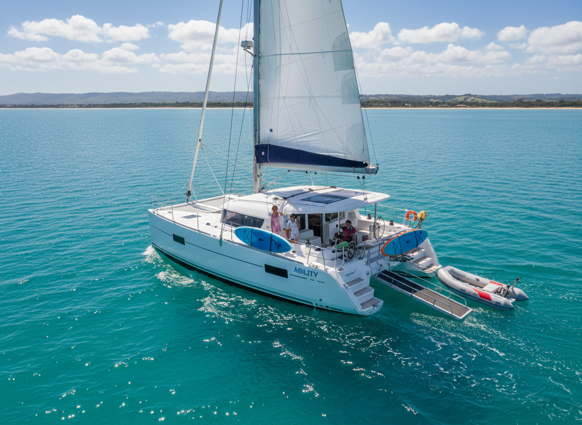 A sleek white Leopard 48 sailing catamaran named Ability gliding across calm turquoise water, photographed in bright afternoon sun. The twin hulls cut cleanly through gentle waves, with colorful paddleboards and a wheelchair-accessible ramp visible on the aft deck, hinting at inclusive family life aboard. The distant shoreline is a soft blur of green hills and sandy beaches. Captured from a slightly elevated three-quarter angle with sharp focus throughout, the composition emphasizes the spacious deck and stable platform. The sky is a rich blue with a few playful clouds, and the mood is adventurous yet peaceful, showcasing the boat as a joyful floating home. Photographic realism with vibrant, cheerful colors and a clean, modern feel.