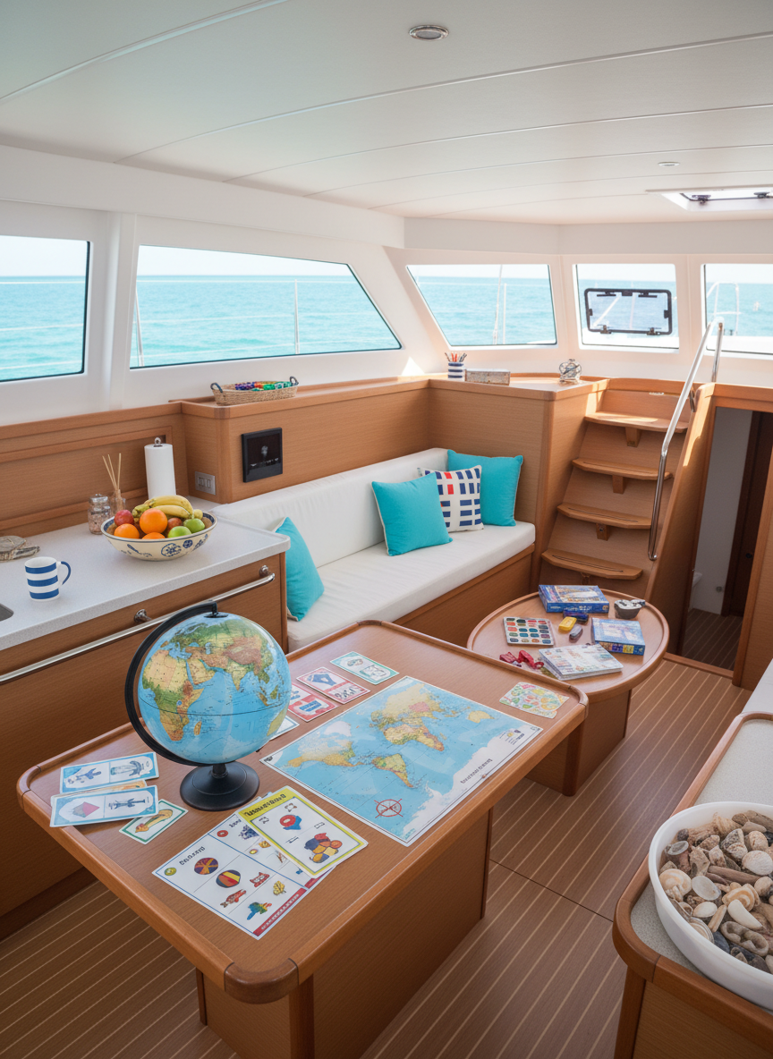 The bright interior salon of the catamaran Ability on a sunny morning, photographed in natural, diffused light streaming through large wraparound windows. A sturdy navigation table is spread with kid-friendly charts, a tactile globe, and laminated flashcards about wind and weather, while nearby a low table features inclusive board games, art materials, and a sensory bin filled with smooth shells and driftwood. The galley counters are clear except for a cheerful fruit bowl and a nautical-themed mug. Shot from a slightly elevated corner angle, the image shows the open-plan layout, wide walkways, and grab rails that hint at accessibility. The atmosphere is playful, organized, and optimistic, with photographic realism and a soft, inviting color palette of light woods, whites, and pops of turquoise.